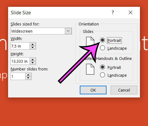 how to switch from landscape to portrait in Powerpoint for Office 365