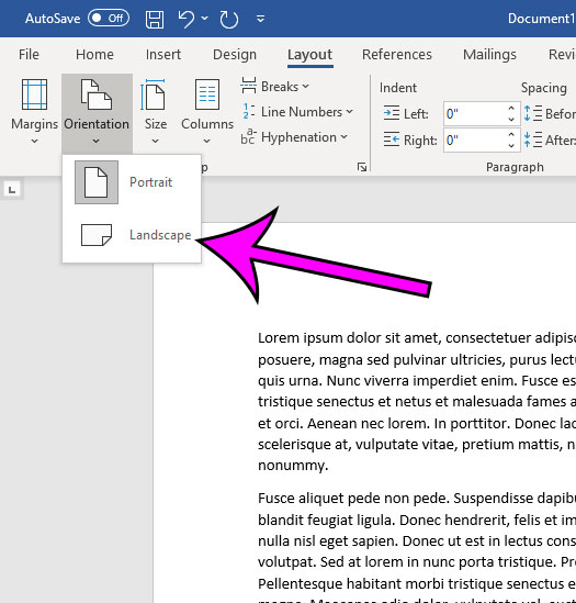 how to make a document landscape in Microsoft Word for Office 365